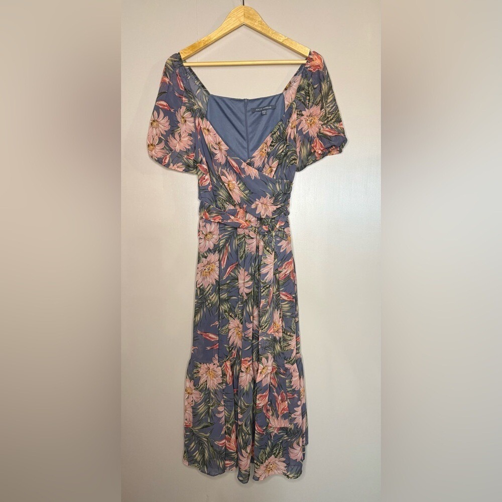 Julia Jordan Floral Midi Dress Blue Pink Sheer Sleeve Belted Size 10